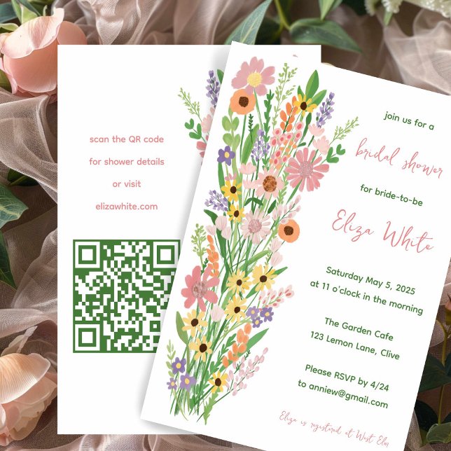 Convite Flores Selvagens Chá de panela QR Personalizado Pi (Wildflowers Handpainted Custom QR Bridal Shower Invitation
)