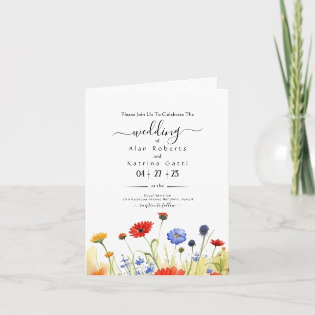 Convite Flores Selvagens da Primavera em um Casamento no P (Frente)