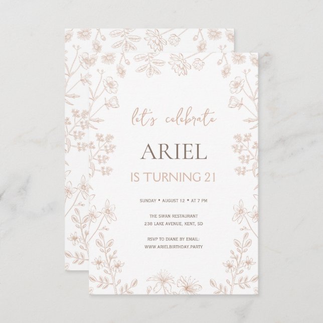 Convite Flores selvagens desenhando aniversário de 21 anos (Frente/Verso)