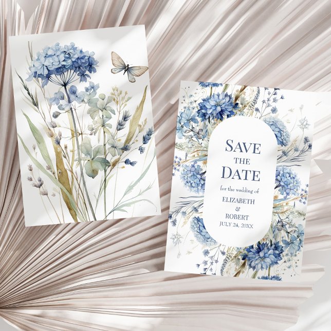 Convite Flores Selvagens Do Jardim Azul Francês Salvem As  (French Blue Garden Wildflowers Save The Dates Invitation on a neutral sunny dry palm leaf.)
