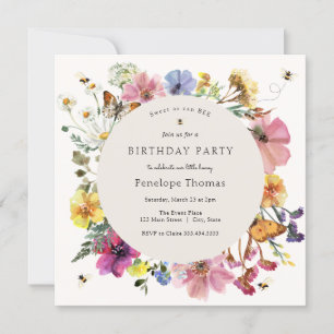 Convite Flores selvagens e abelhas Pequeno Aniversário de 