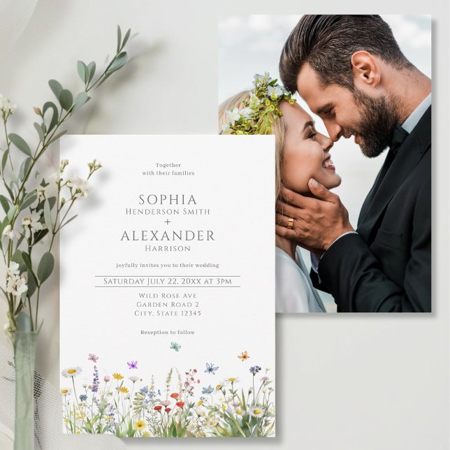 Convite Flores selvagens e casamento fotográfico (Wildflower and Photo Wedding  Invitation - front and back)