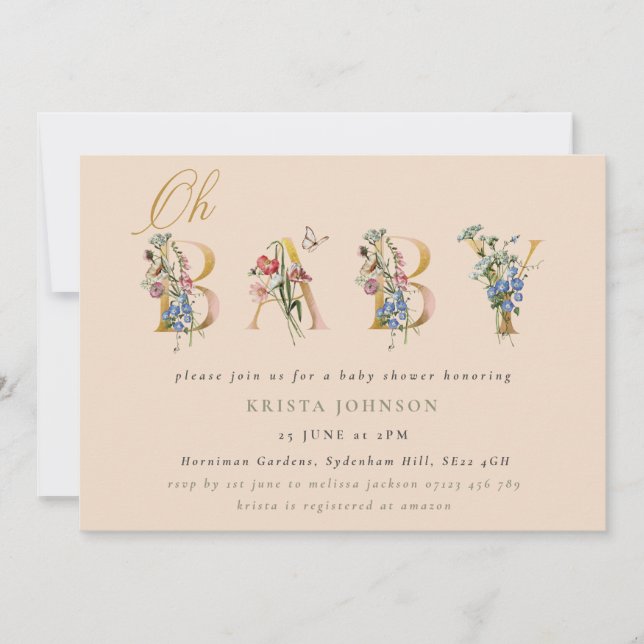 Convite Flores selvagens e Chá de fraldas Dourado Inv (Frente)