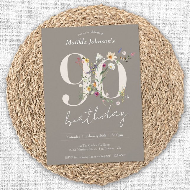 Convite Flores selvagens Elegante 90 (90th Birthday Wildflowers Elegant Floral Invitation)