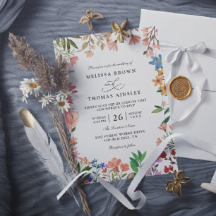 Convite Flores Selvagens Elegante Moderno Chique Código QR