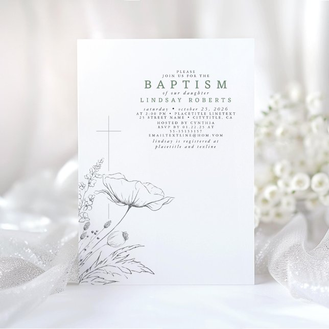 Convite Flores Selvagens Elegantes Sage Batismo Verde dese (Wildflowers Green Baptism Invitations)