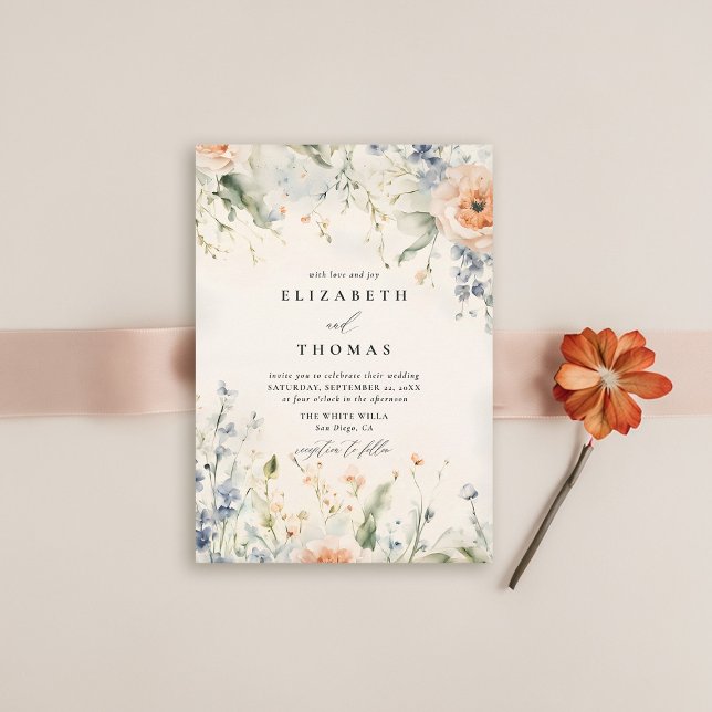 Convite Flores Selvagens Fête Casamento outono Elegante Ro (wildflower wedding theme invitation watercolor happy fall garden modern classic elegant formal)