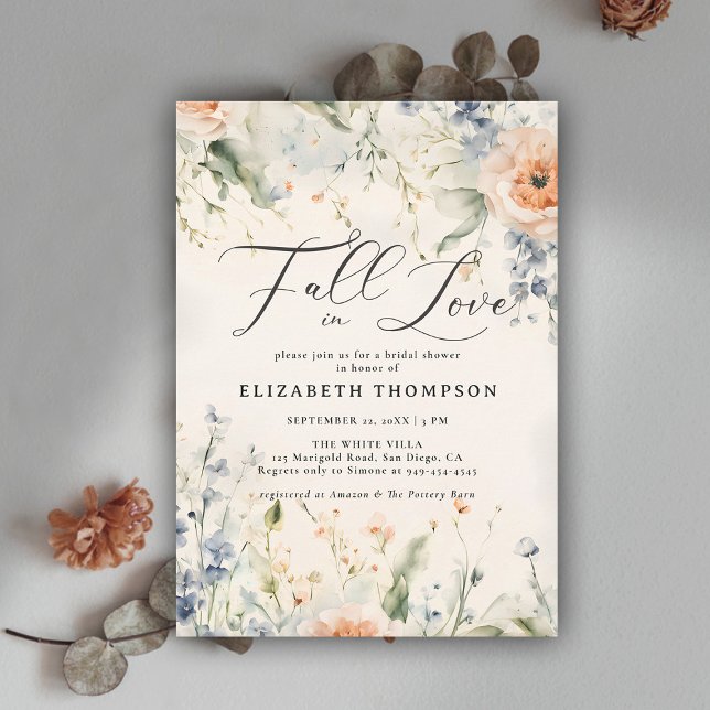 Convite Flores Selvagens Fête Romântica Fall Love Chá de p (fall in love bridal shower invitation wildflowers terracotta watercolor elegant modern feminine chic)