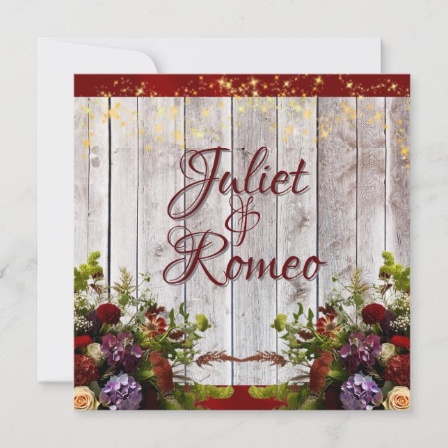 Convite Flores selvagens, Fita Vermelha e Luzes Casamento  (Frente)