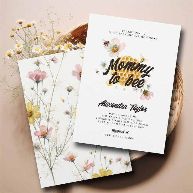 Convite Flores selvagens Mamãe de mel para o Chá da Bebê (mommy to bee baby girl shower invitation watercolor illustration honey combs whimsical wildflowers)