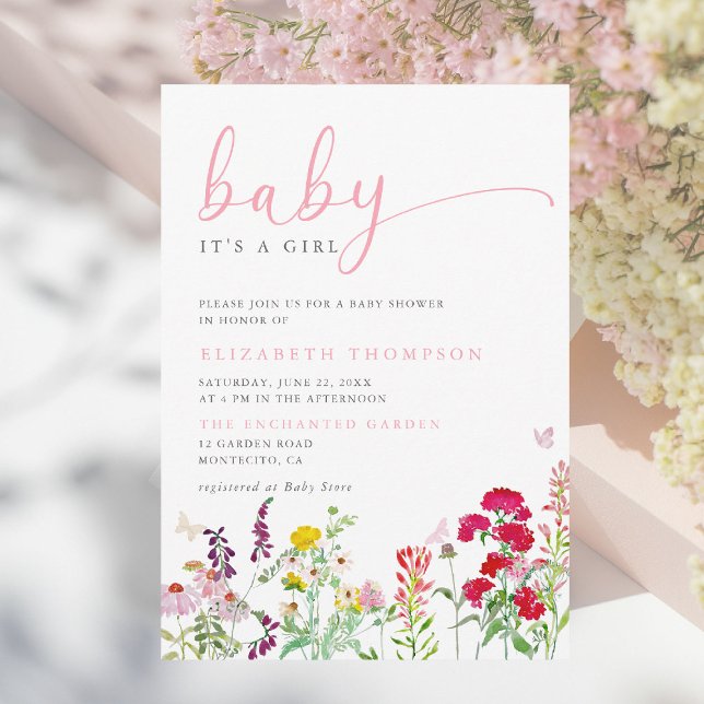 Convite Flores selvagens Meadow Sunny Floral Chá de fralda (wildflowers baby girl shower invitation colorful floral elegant modern calligraphy garden party)