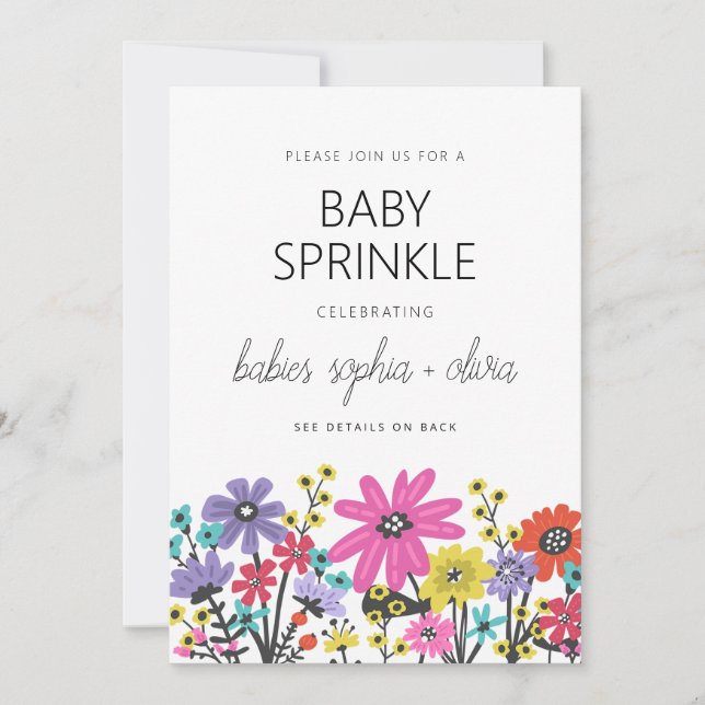 Convite Flores Selvagens Modernas Twin Baby Sprinkle (Frente)
