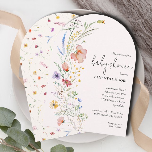 Convite Flores selvagens no topo do Chá de fraldas de marf (Wildflowers ivory baby  shower arch-top invitations - INSTANT DOWNLOAD and or PRINTED or both! )