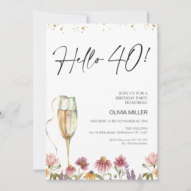 Convite Flores selvagens Olá 40 Aniversário (Frente)