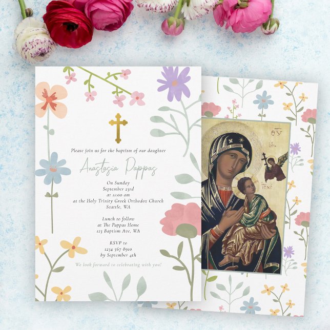 Convite Flores selvagens ortodoxos gregos de Natal Batismo (Wildflowers Greek Orthodox Christening Baptism Invitation)