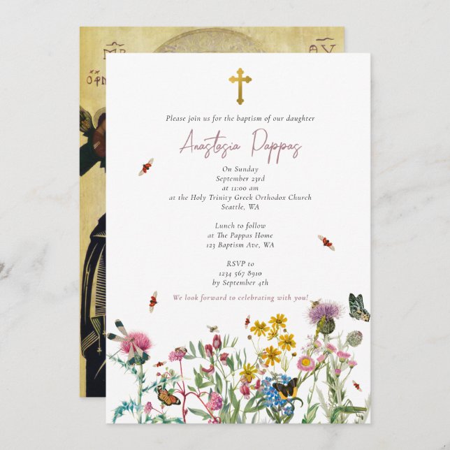 Convite Flores selvagens ortodoxos gregos de Natal Batismo (Frente/Verso)