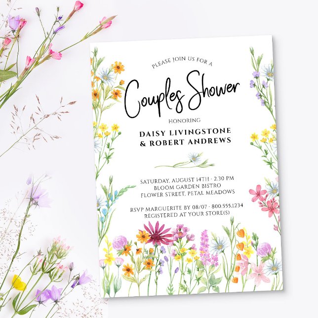 Convite Flores Selvagens Prateadas De Casais Bastante Flor (Couples Shower Invitation from the Wildflower Meadow Bridal Shower Collection)