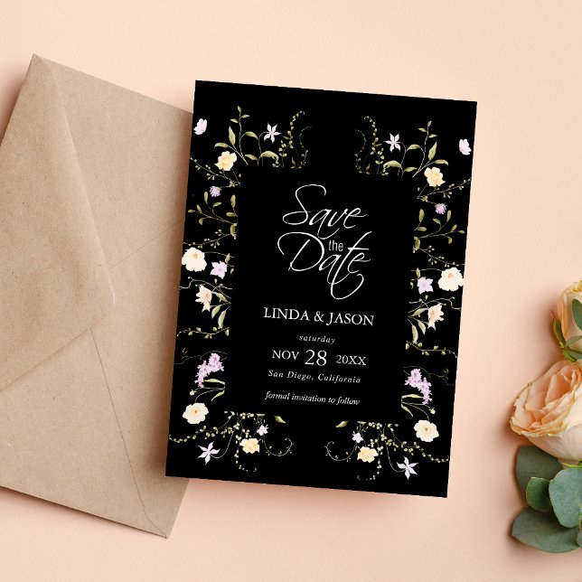 Convite Flores Selvagens Pretas e Brancas Casamento Salve  (Black and white wildflowers save the date invitation sets a timeless tone for your wedding day)