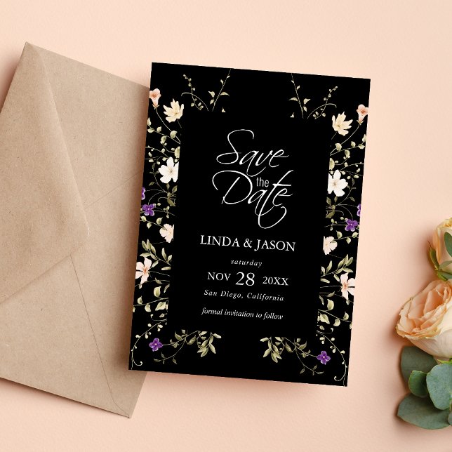 Convite Flores Selvagens Pretas Elegantes para Casamento S (Elegant black wildflowers wedding save the date invitation sets a timeless tone for your celebration)