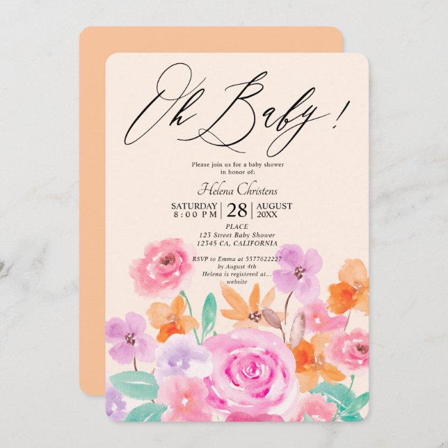 Convite Flores selvagens primavera chá de fraldas de aquar (Frente/Verso)