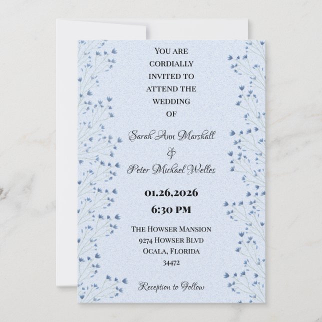 Convite Flores Selvagens Românticas Delicar Azul Escuro (Frente)