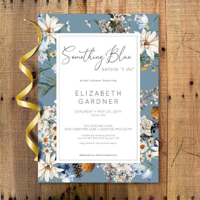 Convite Flores Selvagens Russas Algo Chá de panela Azul (Rustic Wildflowers Something Blue Bridal Shower Invitation)