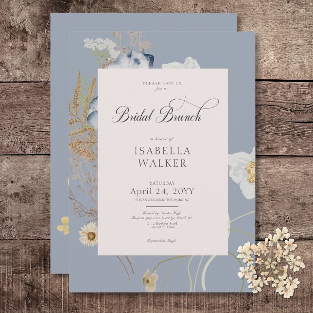 Convite Flores selvagens russas em Dusty Blue Bridal Brunc (Rustic Wildflowers on Dusty Blue Bridal Brunch Invitation)