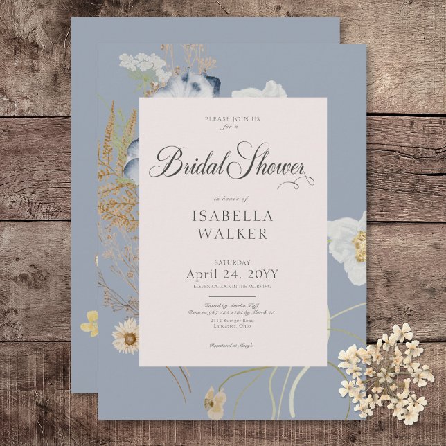 Convite Flores selvagens russas no Chá de panela azul empo (Rustic Wildflowers on Dusty Blue Bridal Shower Invitation)