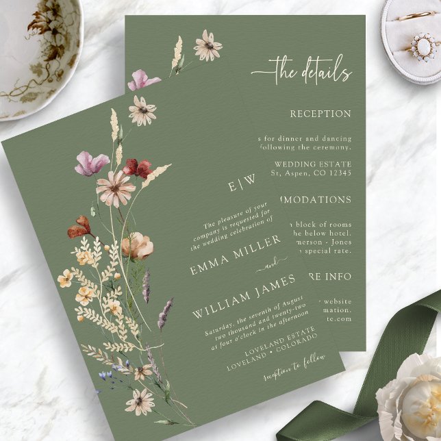 Convite Flores Selvagens Whimssage Verde Tudo Em Um (Whimsical Wildflowers Sage Green  Boho Wedding Invitation Details by Painted Paperie
)