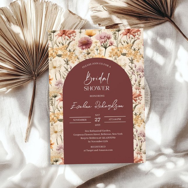 Convite Flores silvestres amarelas burgundy do arco-de-boh (Boho arch watercolor burgundy yellow wildflowers invitation)