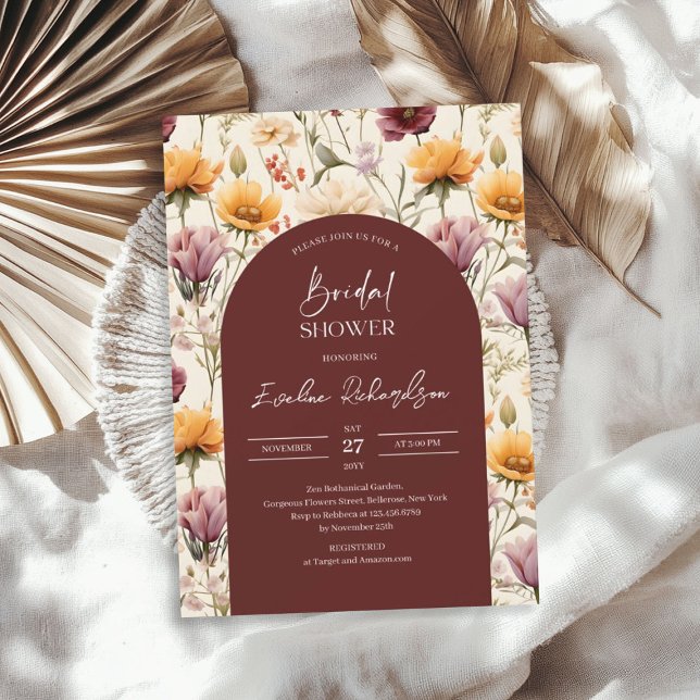 Convite Flores silvestres amarelas burgundy do arco-de-boh (Boho arch watercolor burgundy yellow wildflowers invitation)