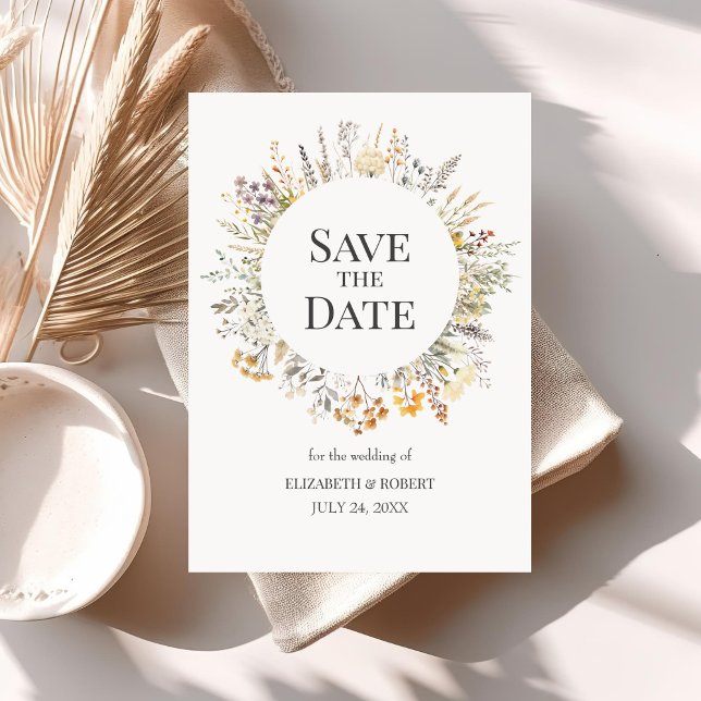 Convite Flores Silvestres Aquarela Pêssego Salvar A Data (Peach Watercolor Wildflowers Save The Date Invitation on a table with neutral boho decoration.)
