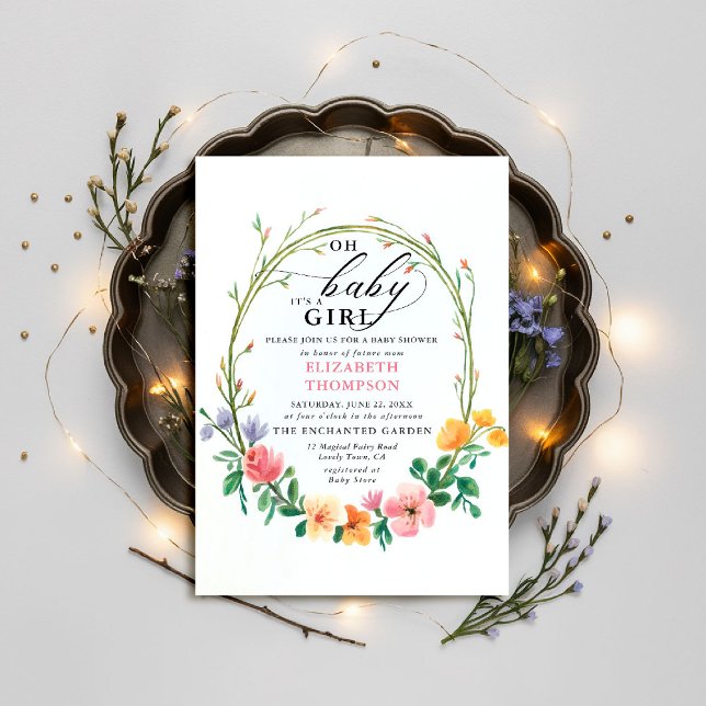 Convite Flores silvestres Aquáticas Chá de fraldas (wildflowers baby shower invitation garden woodland forest spring summer whimsical watercolor)