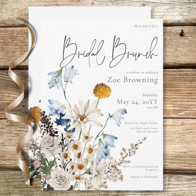 Convite Flores Silvestres Azuis Rústicas e Margaridas Brun (Rustic Blue Wildflowers & Daisies Bridal Brunch Invitation)