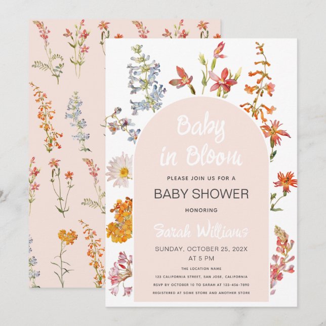 Convite Flores Silvestres Bebê em Flor Arco Rosa Banho de  (Frente/Verso)