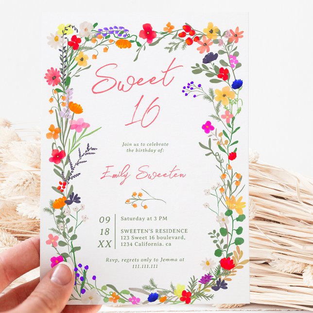 Convite Flores silvestres brilhantes modernas do chic Boho (Modern chic boho bright wild flowers Sweet 16 Invitation)
