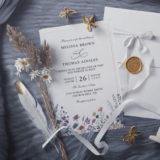 Convite Flores Silvestres Casamento Código QR Elegante Mod (Criador carregado)