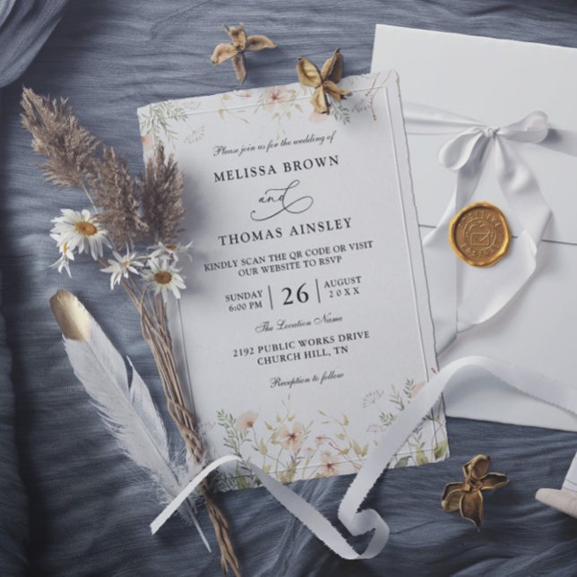 Convite Flores Silvestres Casamento Código QR Elegante Mod (Criador carregado)