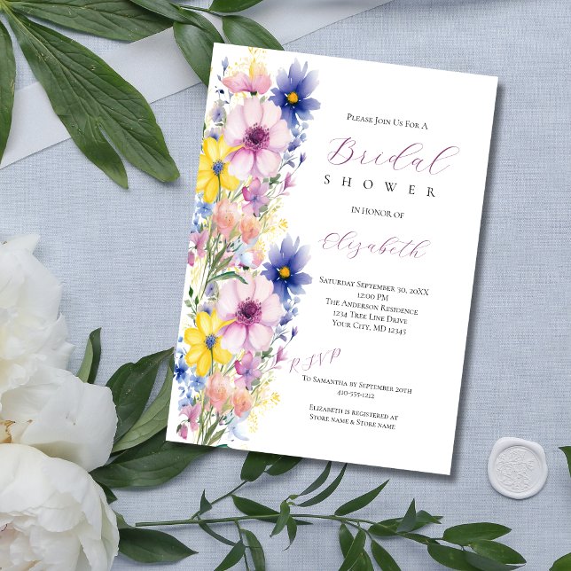 Convite Flores silvestres Chá de panela amarelo-rosa (Wildflower Watercolor Bridal Shower Invitation. Pink Yellow Blue Flowers, Printed or Digital )