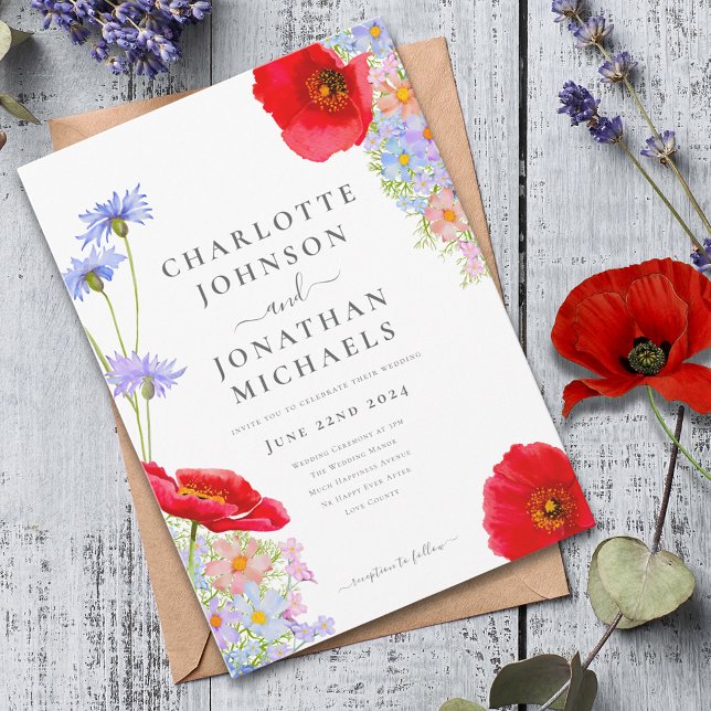 Convite Flores Silvestres Coloridas Modernas Casamento (Modern colorful wildflower wedding invitation with red poppy )