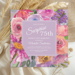 Convite Flores Silvestres de Aquarela Roxo Rosa Aniversári