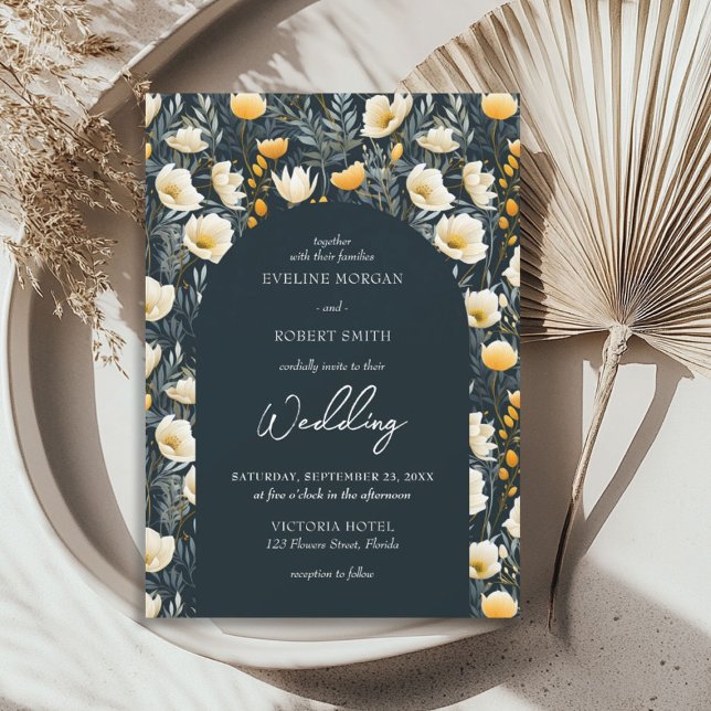 Convite Flores silvestres de marfim verde-escuro (Boho arch dark green yellow ivory wild flowers invitation)