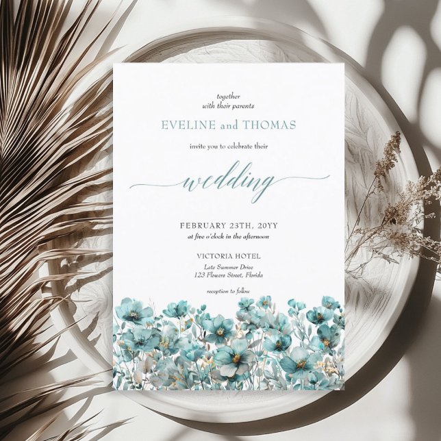 Convite Flores silvestres de turquesa de verão, de boho mi (Soft minimalist boho summer turquoise wildflowers invitation)