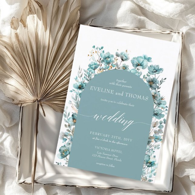 Convite Flores silvestres de turquesa minimalistas verdes  (Soft pastel green minimalist turquoise wildflowers invitation)