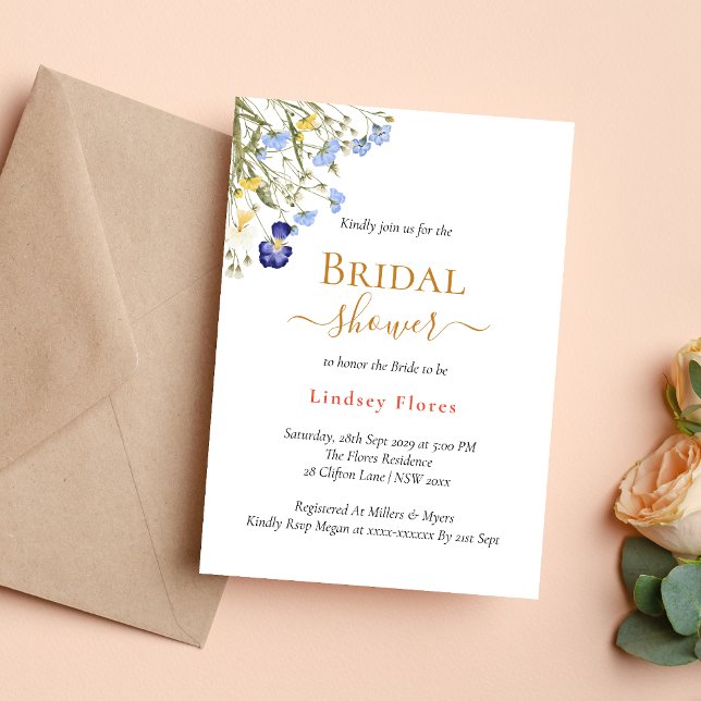 Convite Flores Silvestres de Verão em Campo Dourado Chá de (Summer meadow wildflowers gold invitation brings a fresh, joyful bridal shower vibe)