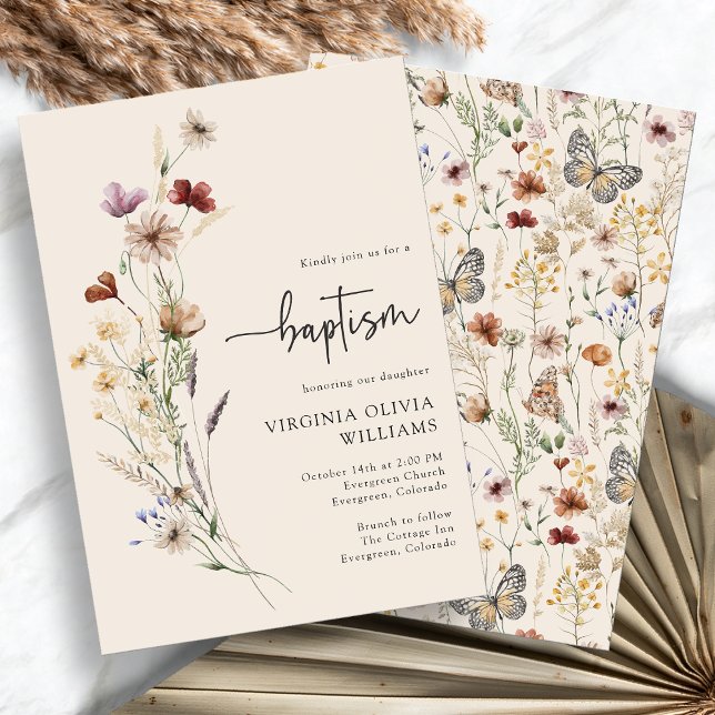 Convite Flores Silvestres do Batismo (Baptism Watercolor Boho Wildflowers Invitation by Painted Paperie
)