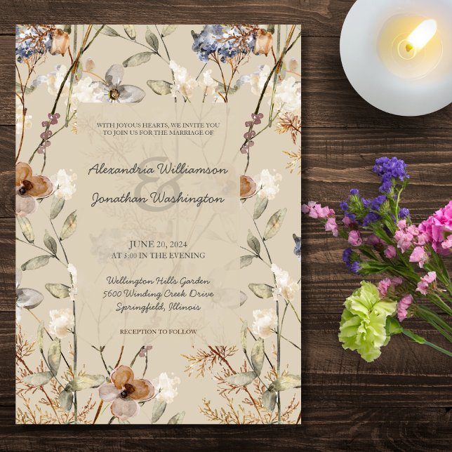 Convite Flores Silvestres do País em Casamento Bege (Criador carregado)