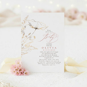 Convite Flores Silvestres Douradas Chique Rosa Poeira Chuv
