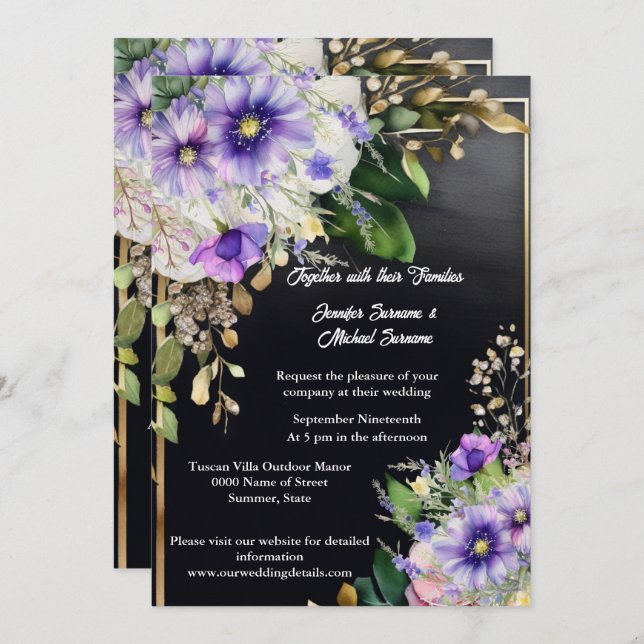 Convite Flores silvestres elegantes, cor-de-rosa-preto (Frente/Verso)