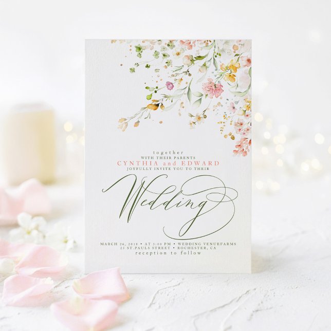 Convite Flores Silvestres Elegantes de Verão Campo Boho Ca (Soft Wildflowers Wedding Invitations)